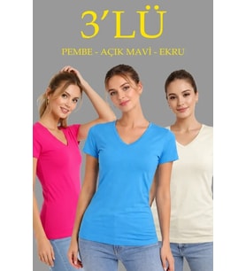 pilelistore- 3lü V Yaka Tişört – Kısa Kollu Yazlık Slim Fit Body - Pembe, Açık Mavi, Ekru (Çok Renkli)