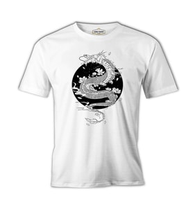Dragon with Moon and Flowers Beyaz Erkek Tshirt