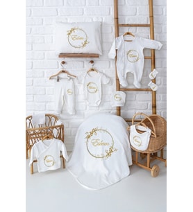 Pia Baby Premium Lüks 11’li İsim Baskılı Yenidoğan Kız Bebek Hediyesi Set 5049-00 (Ekru)