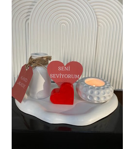 SENİ SEVİYORUM HAND MADE KIRMIZI KALP NOTLUKLU MUM MUMLUK OBJE HEDİYE SETİ