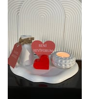 SENİ SEVİYORUM HAND MADE KIRMIZI KALP NOTLUKLU MUM MUMLUK OBJE HEDİYE SETİ