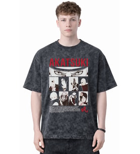 Tasarım Akatsuki Naruto Anime Baskılı Unisex Oversize Eskitme Yıkamalı Tişört