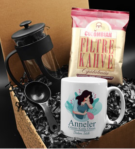 Anneler Gününe Özel Kupa & French Press & Columbian Taze Filtre Kahve Hediye Seti