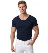 DeepSEA Erkek Lacivert Slim Fit %90 Pamuk Açık Yaka Oval Kesim Likralı Basic Tişört 1801199
