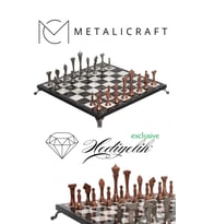 MC74 Metal Satranç Takımı - Mermer Desenli 30x30cm Ahşap Tahta - Büyük Boy Taş - Lüks Hediyelik (Rose - Gümüş)
