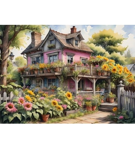 Nova Puzzle 1000 Parça Ayçiçekli Pembe Ahşap Ev Puzzle - Pembe Köy Evi
