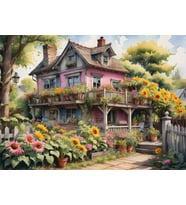 Nova Puzzle 1000 Parça Ayçiçekli Pembe Ahşap Ev Puzzle - Pembe Köy Evi