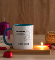 Kişiye Özel Varmış Ki Yemiş Diyelim Esprili Ahşap Altlıklı Mumlu Mavi Kupa