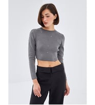 LC WAIKIKI Gri Bisiklet Yaka Crop Kadın Triko Kazak