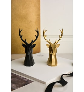 2 Li Set Geyik Figürlü Obje Tasarım Modern Dekoratif Hediyelik Biblo Siyah-Gold 16cm Altın Varak