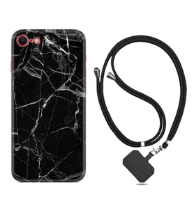 Apple iPhone 5 6 7 8 Plus Se XR Kılıf Boyun Askılı Silikon Fragile Black Mermer 1378