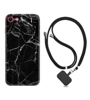 Apple iPhone 5 6 7 8 Plus Se XR Kılıf Boyun Askılı Silikon Fragile Black Mermer 1378
