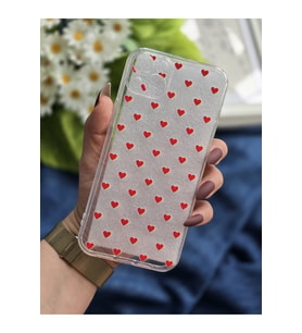 Iphone 14 PLUS Uyumlu Kırmızı Kalp Tasarımlı Şeffaf Telefon Kılıfı
