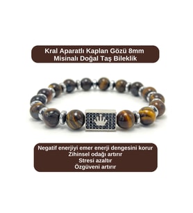SERTİFİKALI Zirkon Kral Aparatlı Kaplan Gözü - 8mm Doğal Taş Misinalı Bileklik