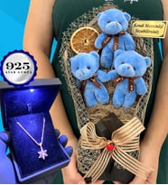 Kişiye Özel Büyük Boy Peluş Ayıcık Buketi ve Işıklı Kutusunda 925 Ayar Gümüş Lotus Kolye (Model 3)