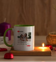 Kişiye Özel Youtube Tasarım Fotoğraflı Ahşap Altlıklı Mumlu Yeşil Kupa