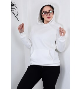 Hodies Winter Kapşonlu Kanguru Cep 3 iplik Puf Yumuşacık (İçi Polarlı) Sweatshirt (Beyaz)