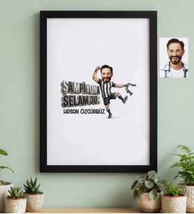 Kişiye Özel Karikatürlü Siyah Beyaz Taraftar Siyah Çerçeve Doğum Günü Hediyesi