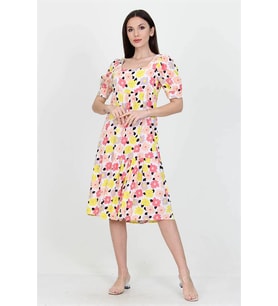 Neşeli butik kadın sarı kare yaka eteği fırfırlı çiçek desenli viskon elbise NB10026