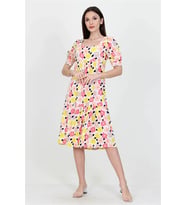 Neşeli butik kadın sarı kare yaka eteği fırfırlı çiçek desenli viskon elbise NB10026