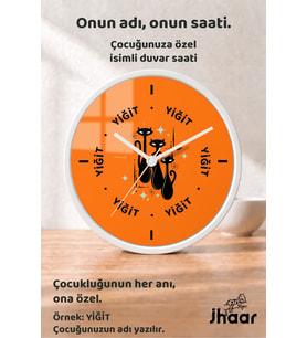 İsme Özel Turuncu Siyah Kediler Çocuk Odası Duvar Saati Orta Boy 30 cm Beyaz Camlı Sessiz