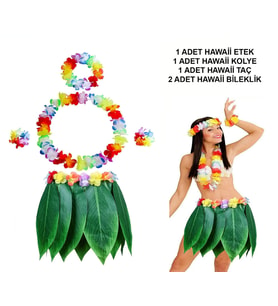 Lunaev Yetişkin Hawaii Kostüm Seti - Yaprak Etek &amp;amp;amp; Hawaii Set - 5 Parça Parti Setleri