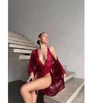Amora Secret Şık Tasarım Bordo Dantel İşlemeli Body Suit Ve Tül Gecelik Takımı