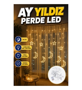 Yıldız Ay Figürlü Prizli Perde LED Işık 126 LED Dekoratif Ortam Aydınlatması