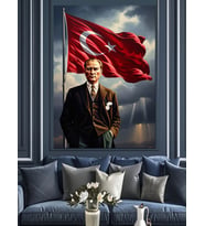 Türk Bayrağı Önünde Mareşal Atatürk Dekoratif Kanvas - Mdf Ahşap Tablo
