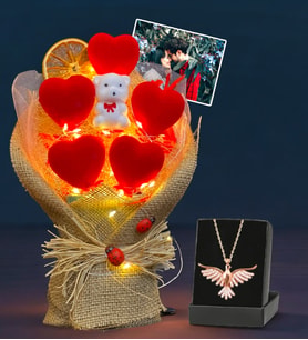 Premium Set - Kişiye Özel Fotoğraflı Led Işıklı Buket ve Zümrüdü Anka Kuşu Kolyesi (Model 3)