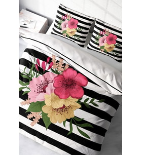 Lastikli Çarşaflı %100 Pamuk Saten Çift Kişilik Nevresim Takımı Flower Line