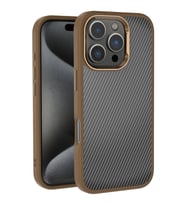 iPhone 16 Pro Max Kılıf Karbon Fiber Görünümlü Parlak Kamera Çerçeveli Venus Kılıf (Kahverengi)