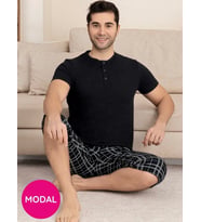 Erkek Bisiklet Yaka 3 Düğmeli Ekose Desen Modal Kısa Kol Cepli Kapri Pijama Takımı (Siyah)