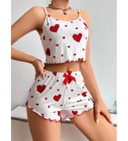 Amora Secret Pamuklu Beyaz Üstüne Kırmızı Kalp Desenli Askılı Şortlu Pijama Takımı