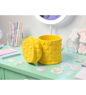 3D Baskı Kabartma Kalp Desenli Kapaklı Kalemlik - Masaüstü Organizer - Sarı