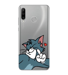 Huawei P30 Lite Uyumlu Tom ve Jerry Öpücük Desenli Şeffaf Telefon Kılıfı