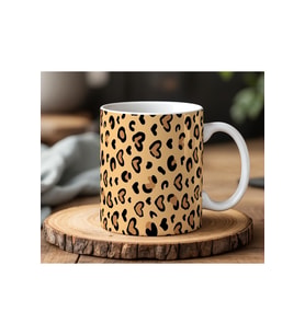 Leoparlı Kalp Desen Tasarımlı Beyaz Seramik Baskılı Kupa Bardak 330ml