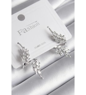 Pirinç Gümüş Renk Zirkon Taşlı Yaprak Model Kadın Küpe - TJ-BKP8608