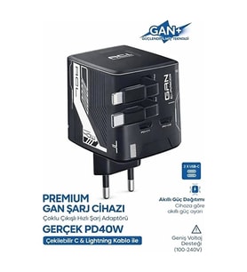 Gan+ Pd 40w Hızlı Şarj Adaptörü Çoklu Çıkış Usb-c Lightning Kablolu Hızlı Şarj Cihazı Ev Ofis Uyumlu Siyah