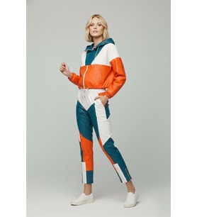 Turuncu Beyaz Yeşil Colorblock Beli Lastikli Bağcıklı Paçası Fermuarlı Kadın Hakiki Deri Pantolon