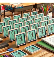 Öğretmen Mesajlı Mezuniyet Hatırası 28'li Set, Atatürk Silüetli Dekoratif Masaüstü Obje, 10x10 cm