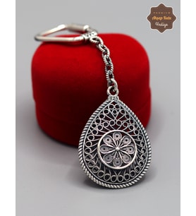 Çiçekli Damla Model 925 Ayar Gümüş Oksitli Telkari Anahtarlık 201025159