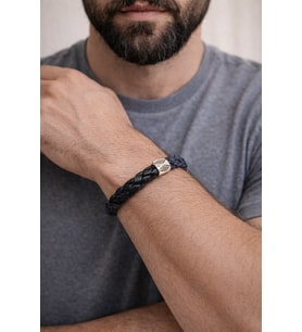 Midnight Blue Hakiki Deri Erkek Bileklik – Siyah Lacivert Çift Renk – Metal Detaylı Çelik Kilit-1324