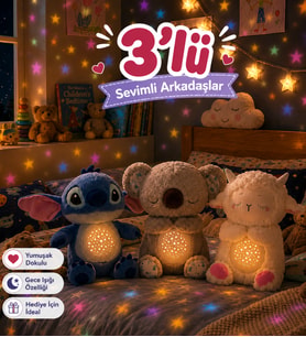 3'lü Sevimli Koala,Kuzu ve Stitch Yıldızlı Rüyalar Uyku Arkadaşı Işıklı ve Müzikli