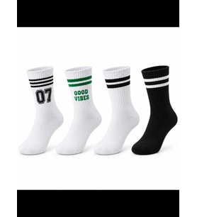 Wak Unisex Çorap Çizgili 4'lü Set 07 Good Vibes Baskılı Siyah Beyaz Uzun Soket Spor Kolej Stil Rahat Şık
