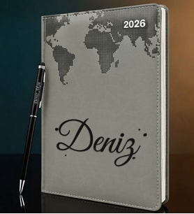 BK Gift Kişiye Özel İsimli Termo Sert Kapak 2026 Gri Ajanda & Kalem -3, Öğretmenler Günü Hediyesi, Yeni İş Hediyesi