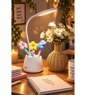 Doğum Günü, Özel Gün, Yeni İş, Yeni Ev Hediyesi LED Masa Lambası, Üçlü Kalem, Rattan Vazo ve Çiçek Buketi Seti