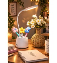 Doğum Günü, Özel Gün, Yeni İş, Yeni Ev Hediyesi LED Masa Lambası, Üçlü Kalem, Rattan Vazo ve Çiçek Buketi Seti