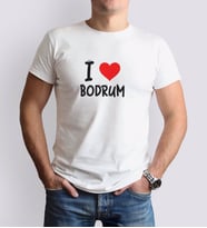 BK Gift I Love Bodrum Tasarımlı Erkek Yuvarlak Yaka Tişört-1 (Beyaz)