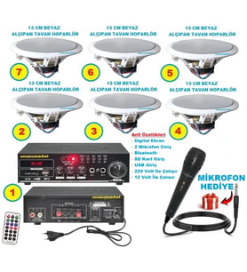 TAVAN HOPARLÖR SİSTEMİ (6 ADET 13 CM BEYAZ RENK TAVAN HOPARLÖR + 1 ADET AMFİ + MİKROFON HEDİYE)